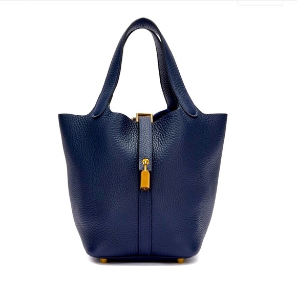 Hermes Handbags - HERMES Bleu Nuit Clemence Picotin 18 Gold Hardware